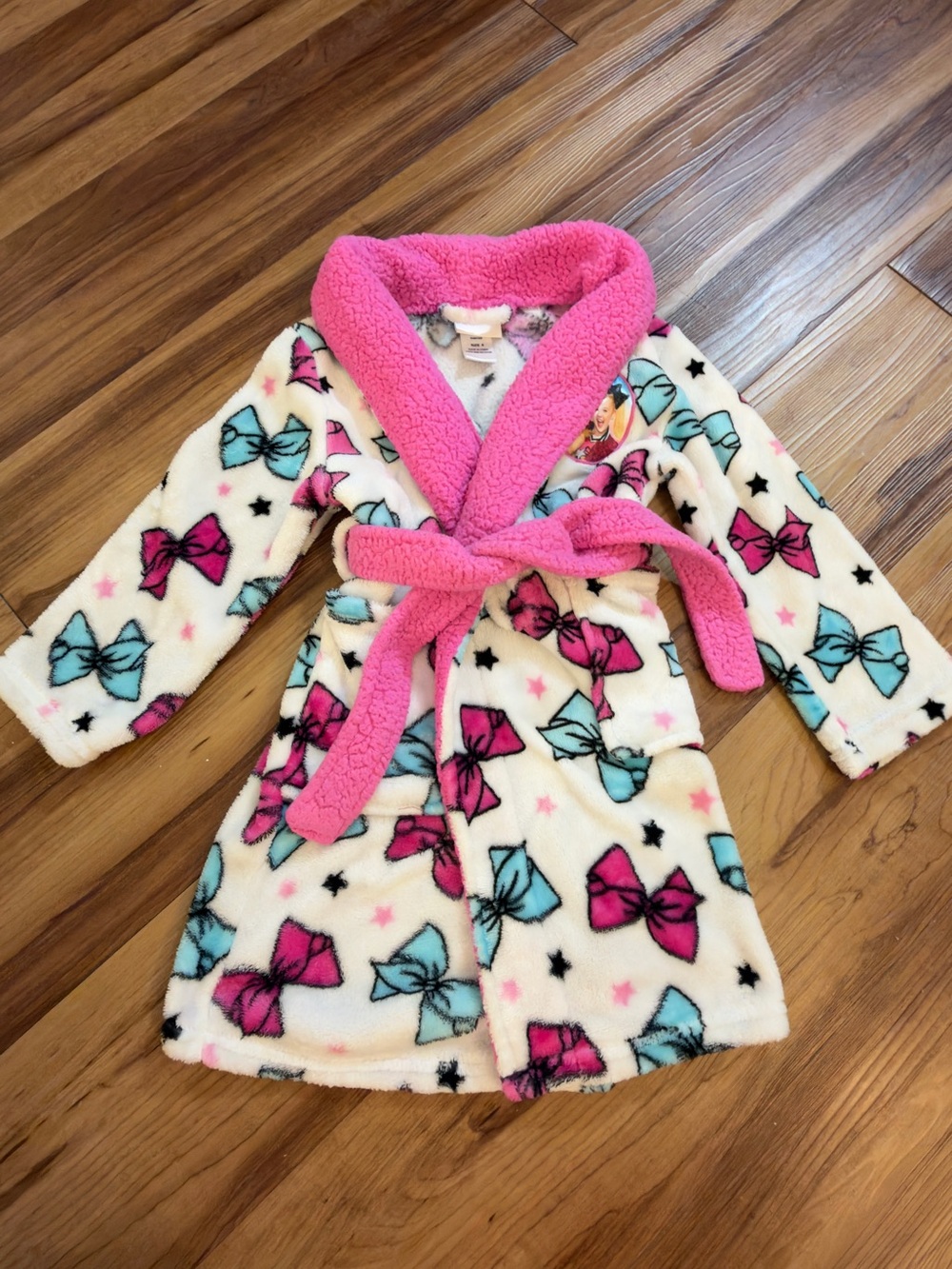 Nickelodeon Plush Girls' Bow-Print Robe in White, Pink & Teal